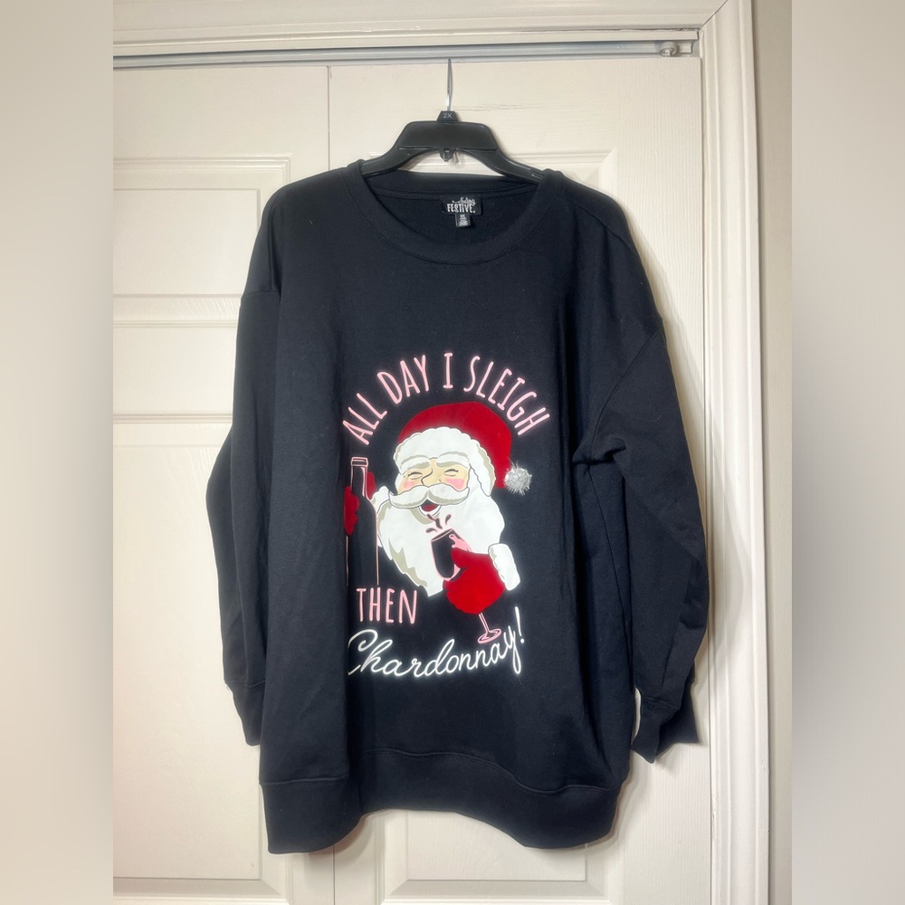 Feeling Festive Women's Santa All Day I Sleigh Then Chardonnay Sweater Top